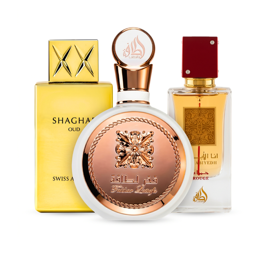 Σετ 3 Αρωμάτων | Fakhar Rose + Ana Abiyedh Rouge + Swiss Arabian Shaghaf Oud 100 ml