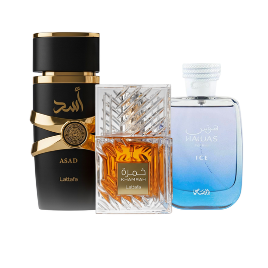 Σετ 3 Αρωμάτων | Hawas Ice + Lattafa Asad + Khamrah 100 ml