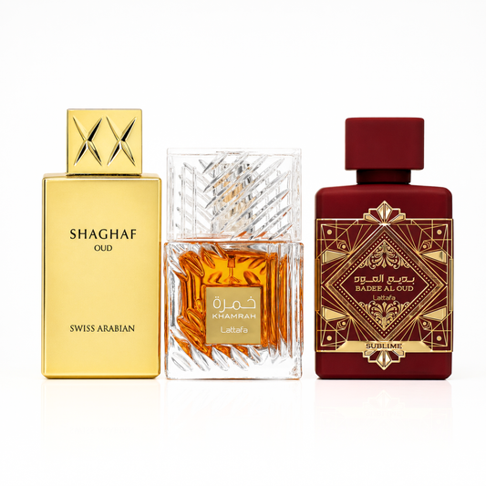 Σετ 3 Αρωμάτων | Khamrah + Bade'e Al Oud Sublime + Swiss Arabian Shaghaf Oud 100 ml